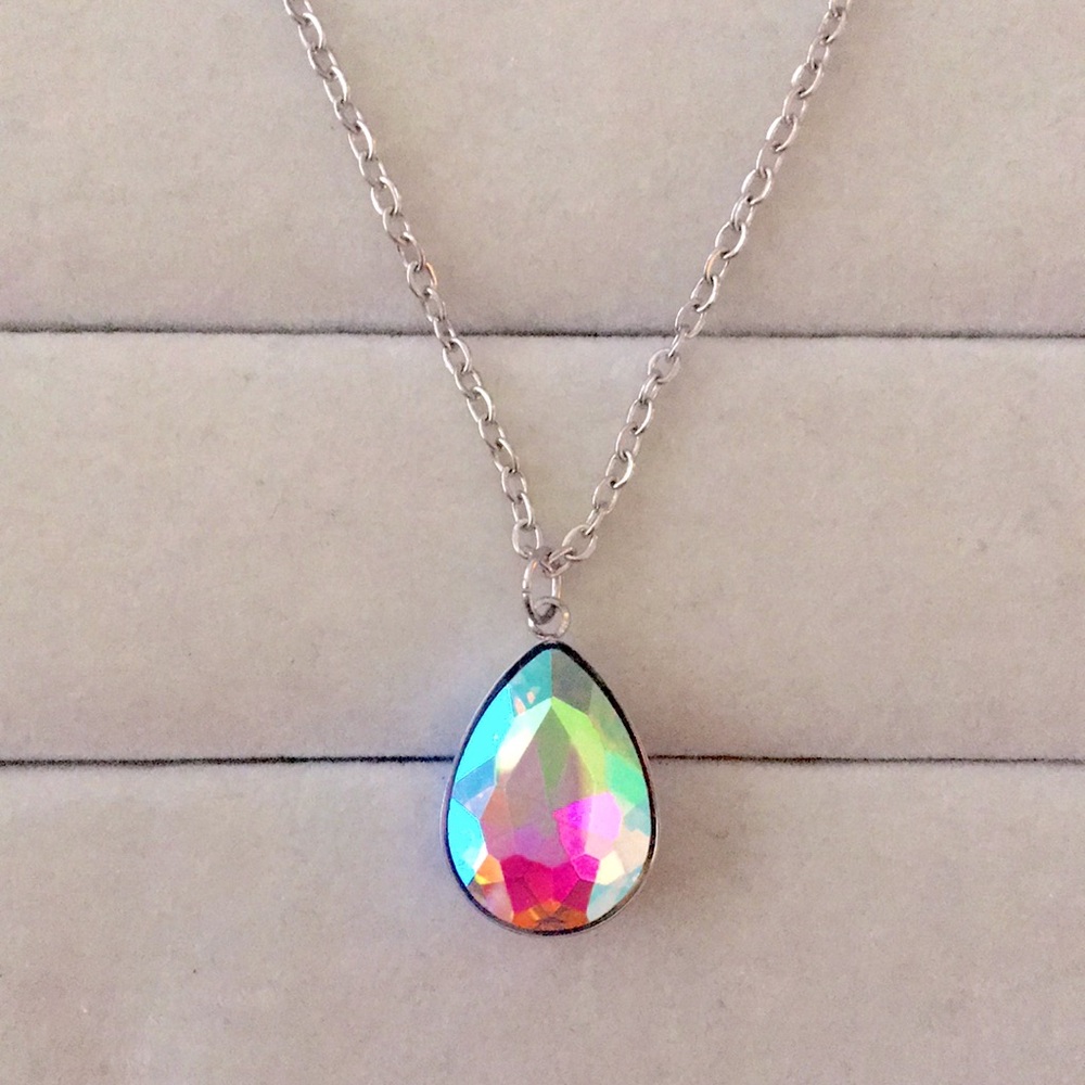 Aurora Borealis Crystal Pear Drop Pendant Necklace - Picture 7 of 8